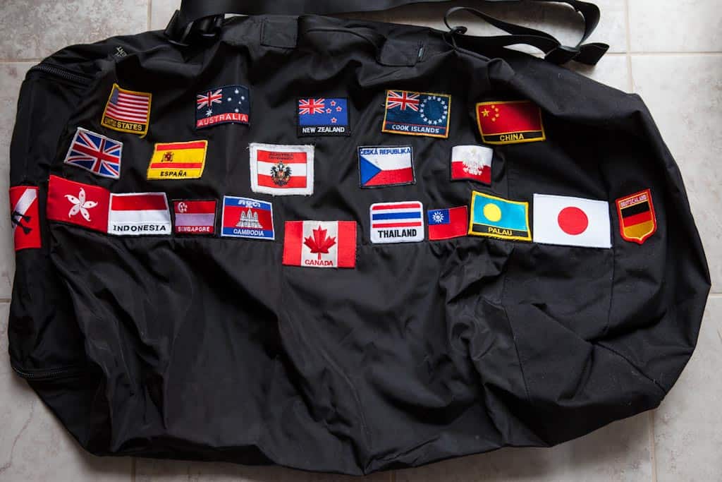My backpack bag with my collection of country flags for each one i've visited