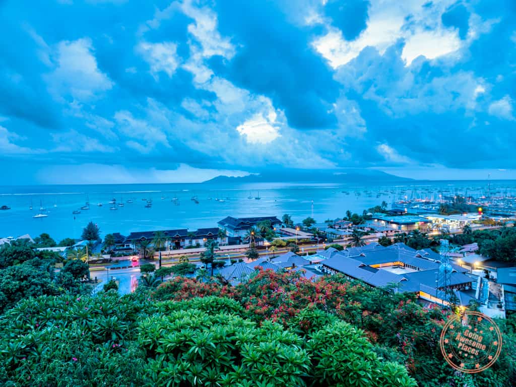Ocean view over buildings of Tahiti waters