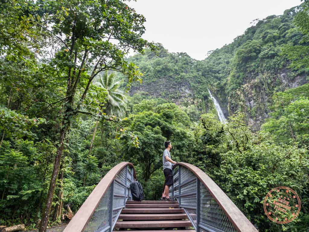 Overlooking bridge towards waterfall during a trip to Tahiti