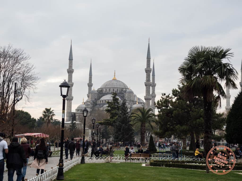 blue mosque walkway view from the park