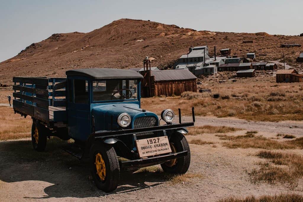 bodie state historic park ghost town with truck in foreground