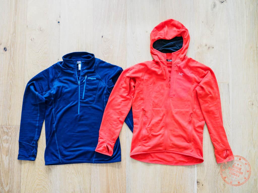 patagonia r1 and arcteryx delta mx technical fleeces for winter packing