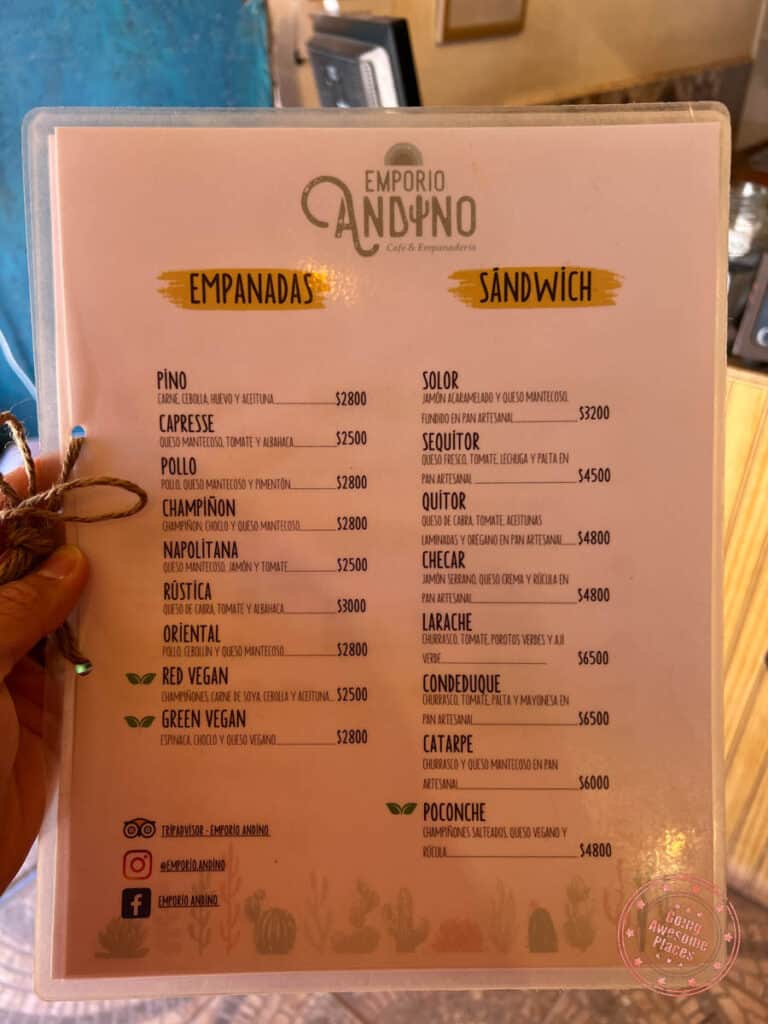 emporio andino empanada and sandwich menu in san pedro de atacama