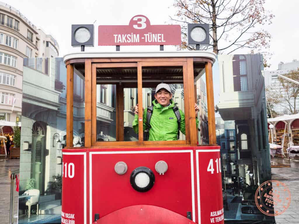 will standing in fake tram at taksim square