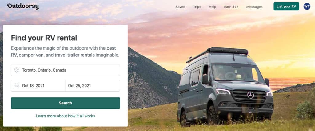 how to find rvs for rent by owner through outdoorsy homepage search