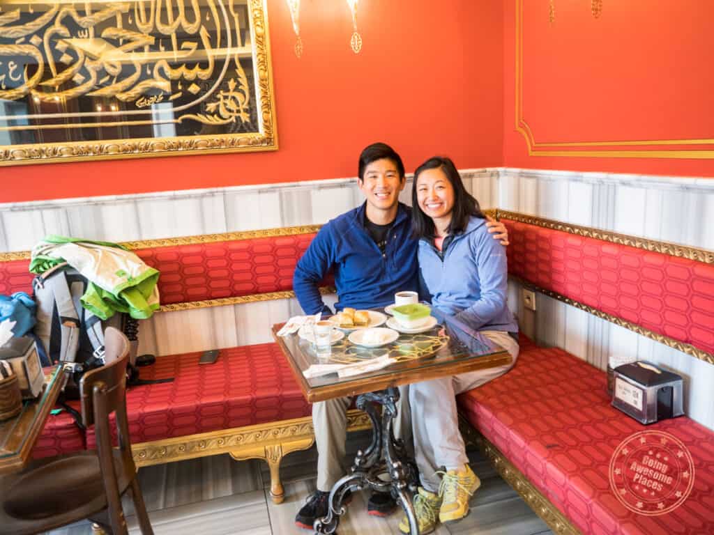going awesome places couple photo with spread of dessert at hafiz mustafa in istanbul