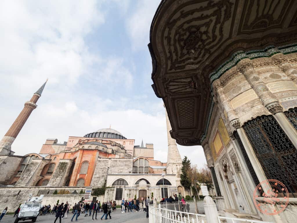 famous mosque hagia sophia in the background with turkish architecture in the foreground