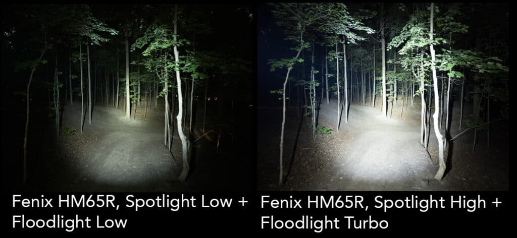 headlamp light testing fenix hm65r both lights