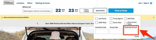 how to enter hilton hotels corporate code