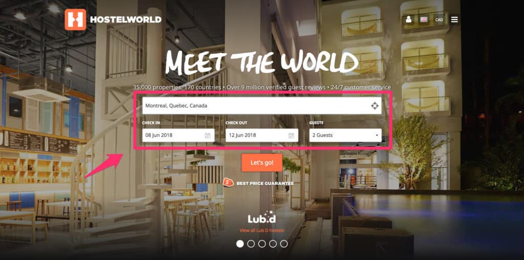 Hostelworld homepage search