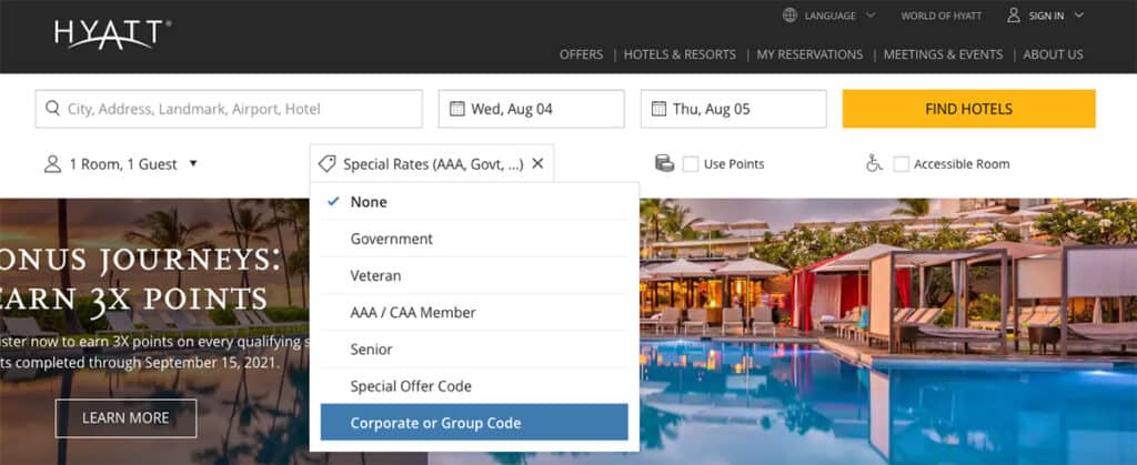 hyatt special rates drop down to enter corporate code