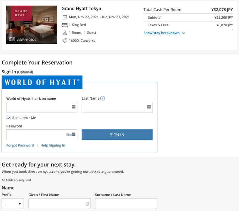 hyatt final reservation page with corporate code listed