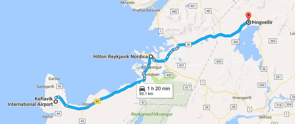 8 day iceland itinerary road trip map - day 1 route
