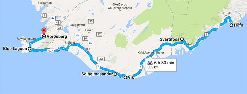 iceland 8 day itinerary road trip map - day 8 driving route
