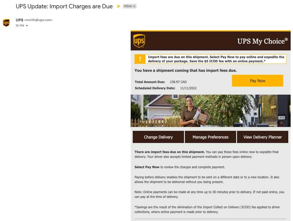 import charges email from ups including brokerage fees