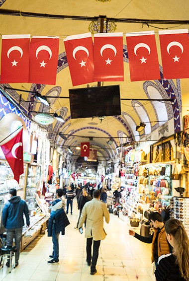 turkey flags hanging in the grand bazaar and look down the alley