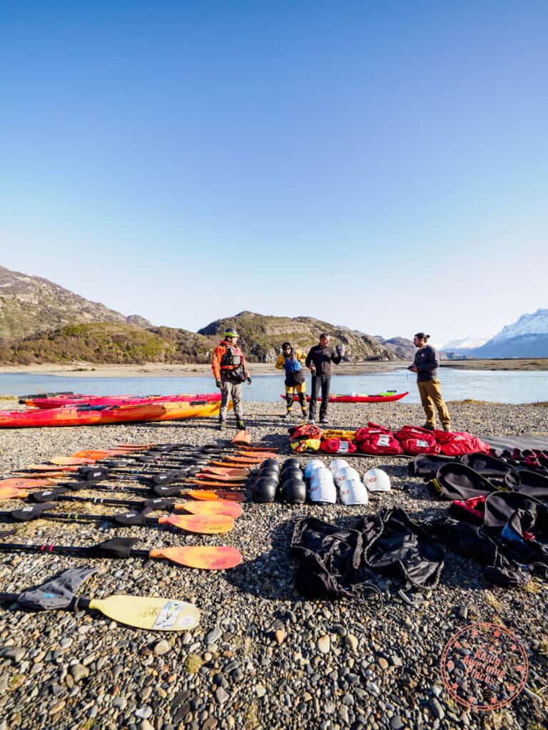 sea kayaking lago grey with equipment laid out