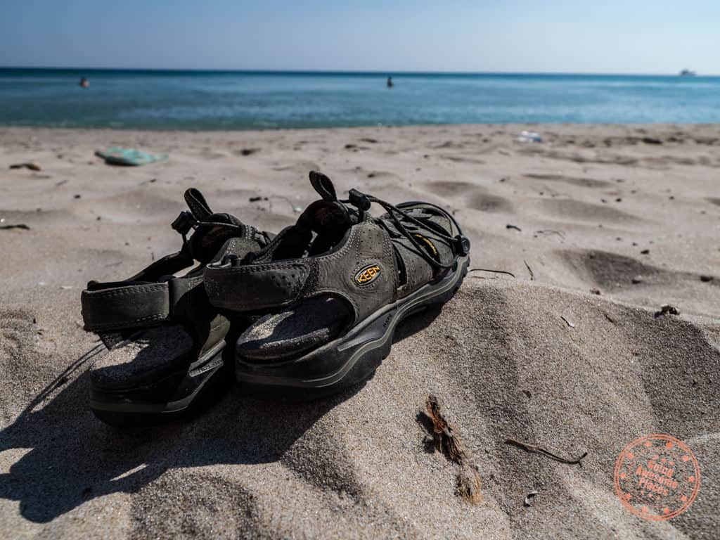 keen newport h2 sandals on beach in milos greece