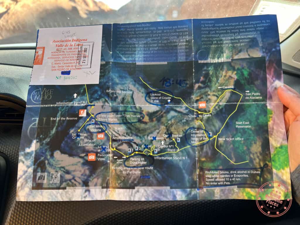 map of valle de la luna  with updated markings and stapled sunset ticket