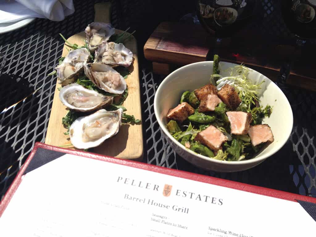 peller estates barrel house grill lunch with oysters and tuna salad
