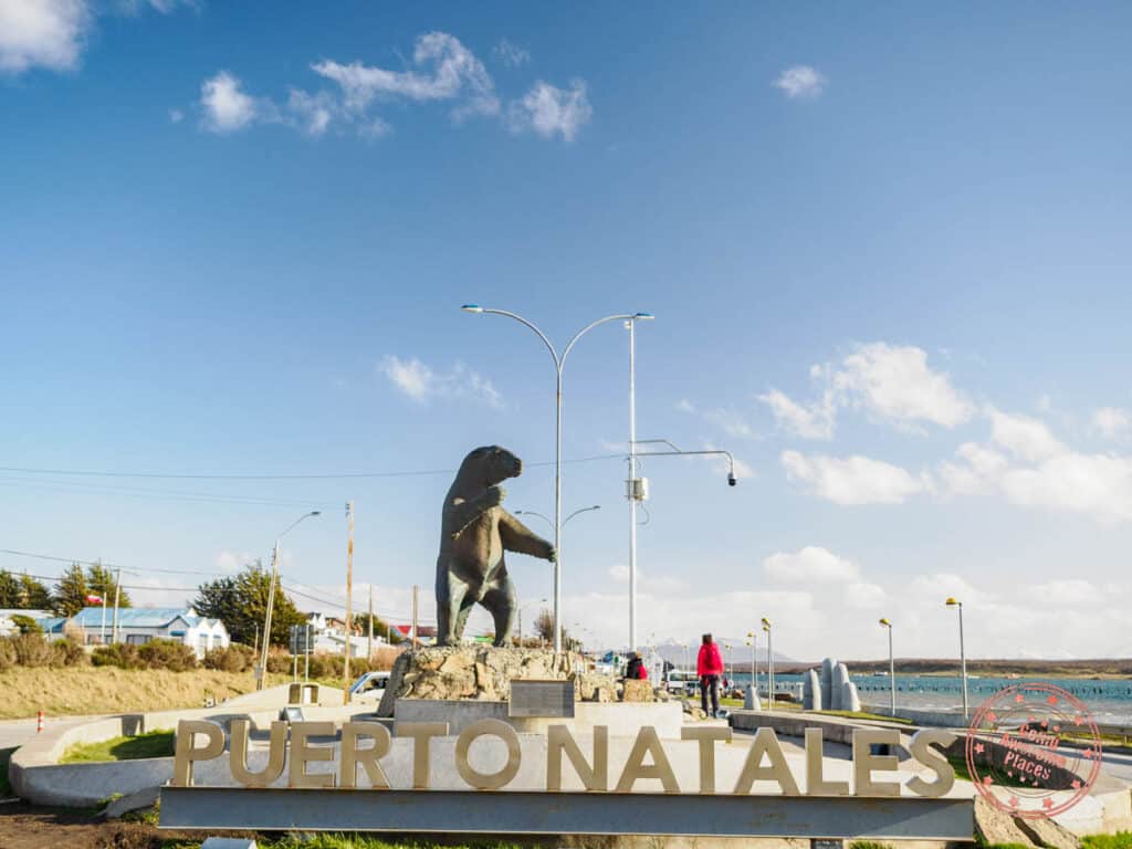 puerto natales milodon sculpture at entrance to the city
