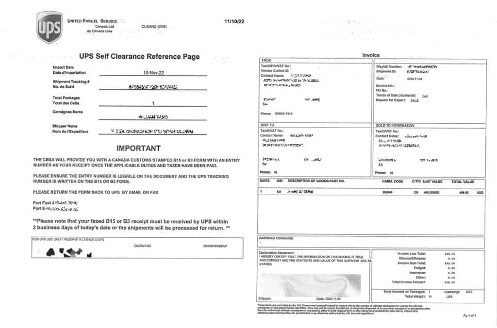 example of ups self clearance documentation